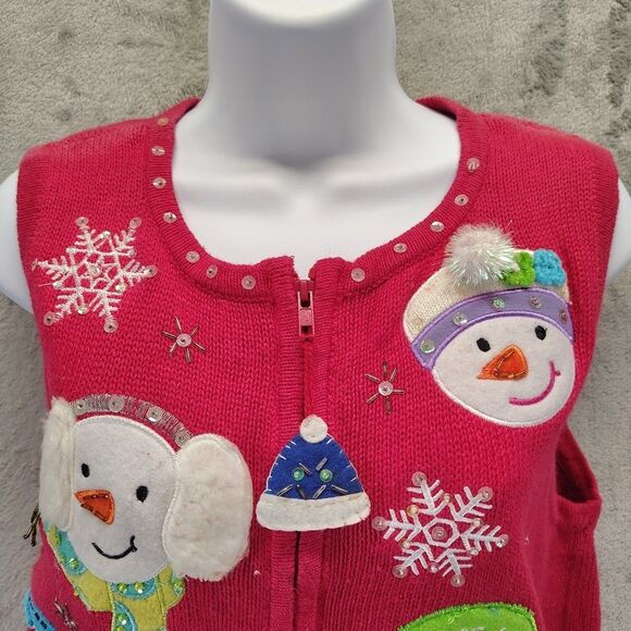 Carly St.Claire Woman Sweater Vest Red XL Full Zip Snowman Embroidered Beaded - Picture 5 of 12